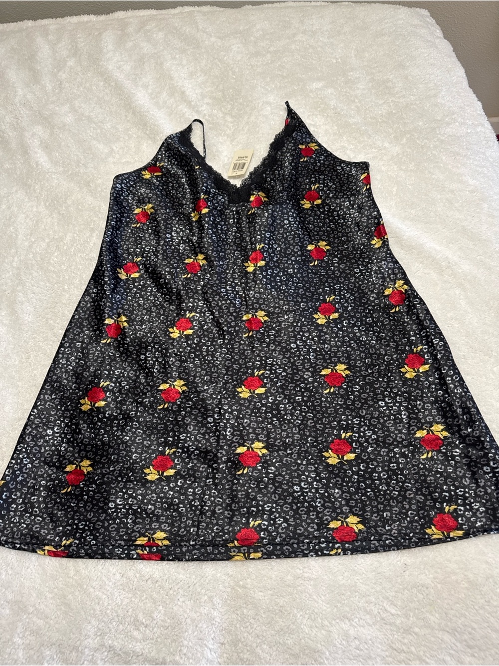Morgan Taylor Black Slip Dress with Red Rose Print
